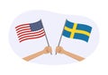 USA and Sweden flags. Swedish and American national symbols. Hand holding waving flag. Vector illustration Royalty Free Stock Photo